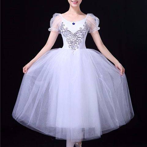 New long -sleeved ballet dance adult suspender dance skirt skirt white pink bubble sleeve performance dance clothing