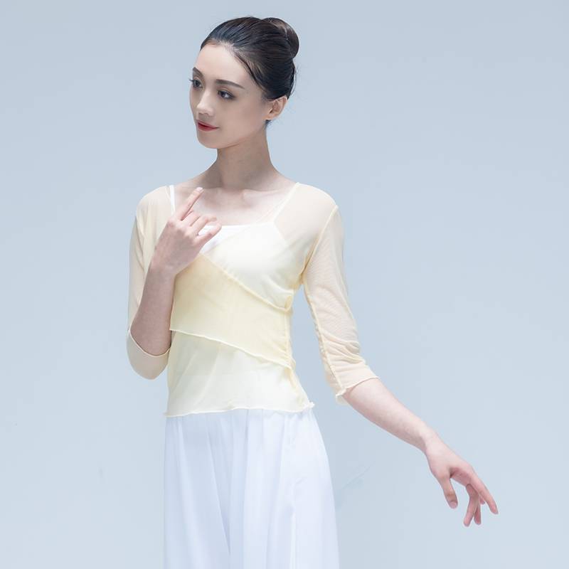 Modern dance exercise uniforms slim -fitting gauze short mid -sleeved classical dance performance service women's body dance ballet test top