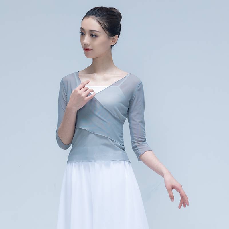Modern dance exercise uniforms slim -fitting gauze short mid -sleeved classical dance performance service women's body dance ballet test top