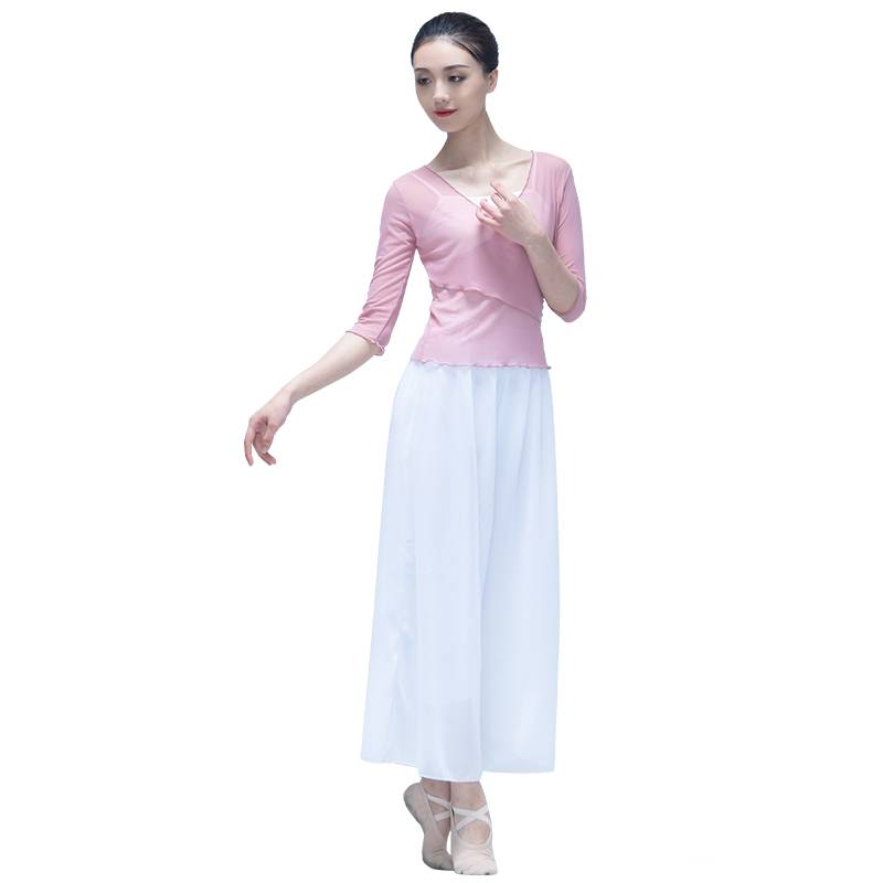 Modern dance exercise uniforms slim -fitting gauze short mid -sleeved classical dance performance service women's body dance ballet test top