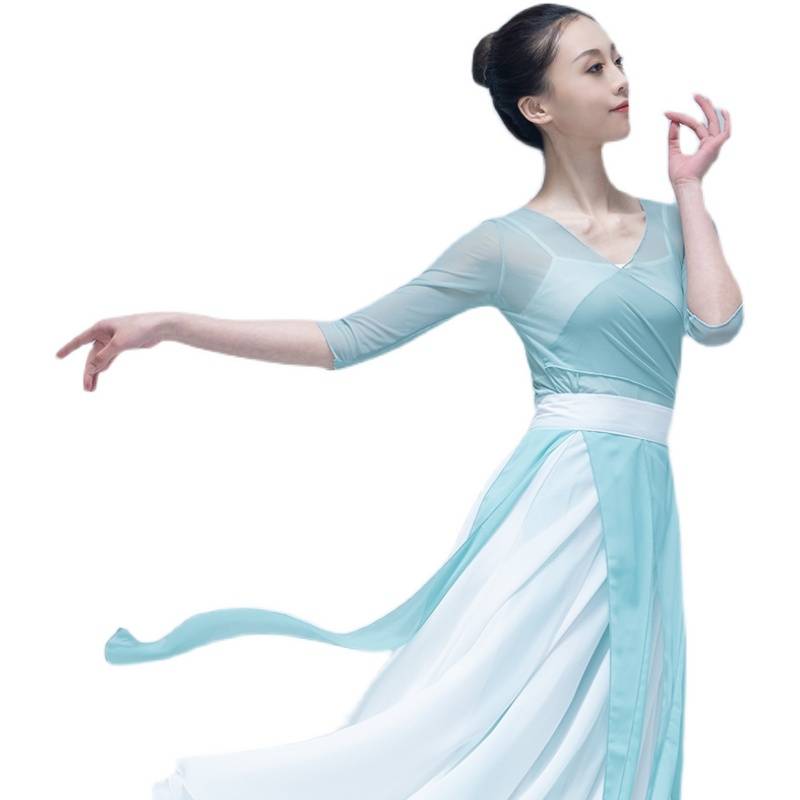 Modern dance exercise uniforms slim -fitting gauze short mid -sleeved classical dance performance service women's body dance ballet test top