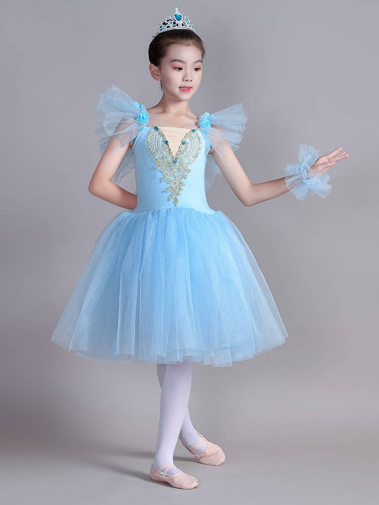 Children's ballet dance skirt, girls performing dresses tutu swan puff skirt suspenders short -sleeved dance performance clothes
