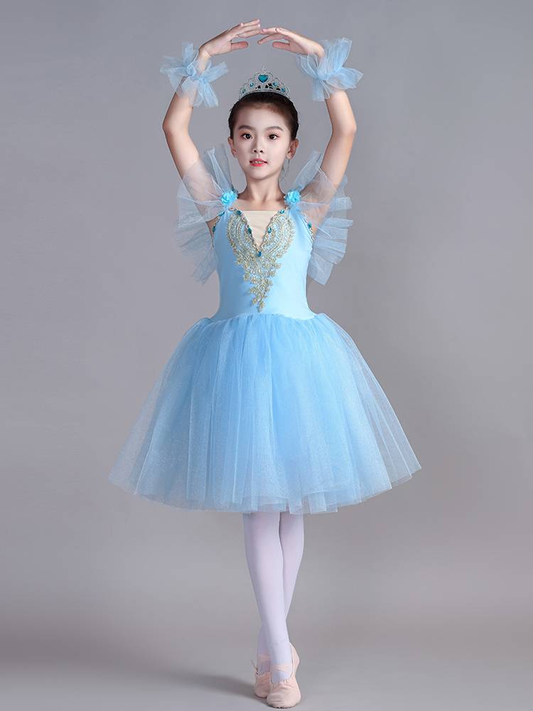 Children's ballet dance skirt, girls performing dresses tutu swan puff skirt suspenders short -sleeved dance performance clothes