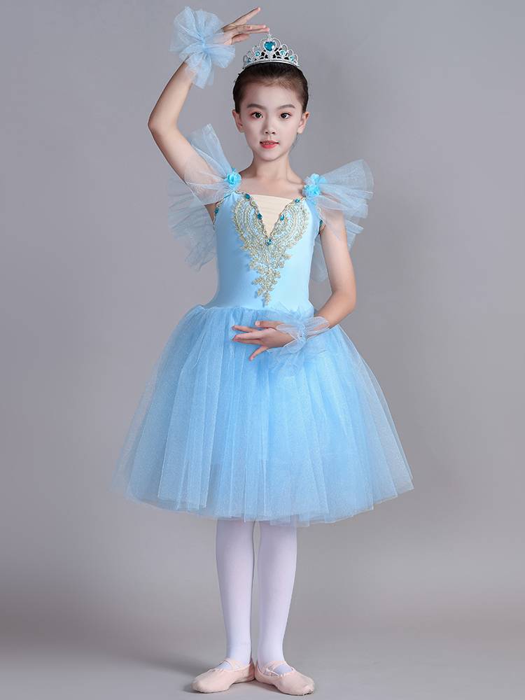 Children's ballet dance skirt, girls performing dresses tutu swan puff skirt suspenders short -sleeved dance performance clothes