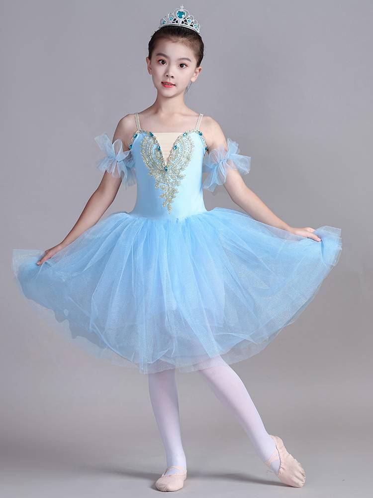 Children's ballet dance skirt, girls performing dresses tutu swan puff skirt suspenders short -sleeved dance performance clothes