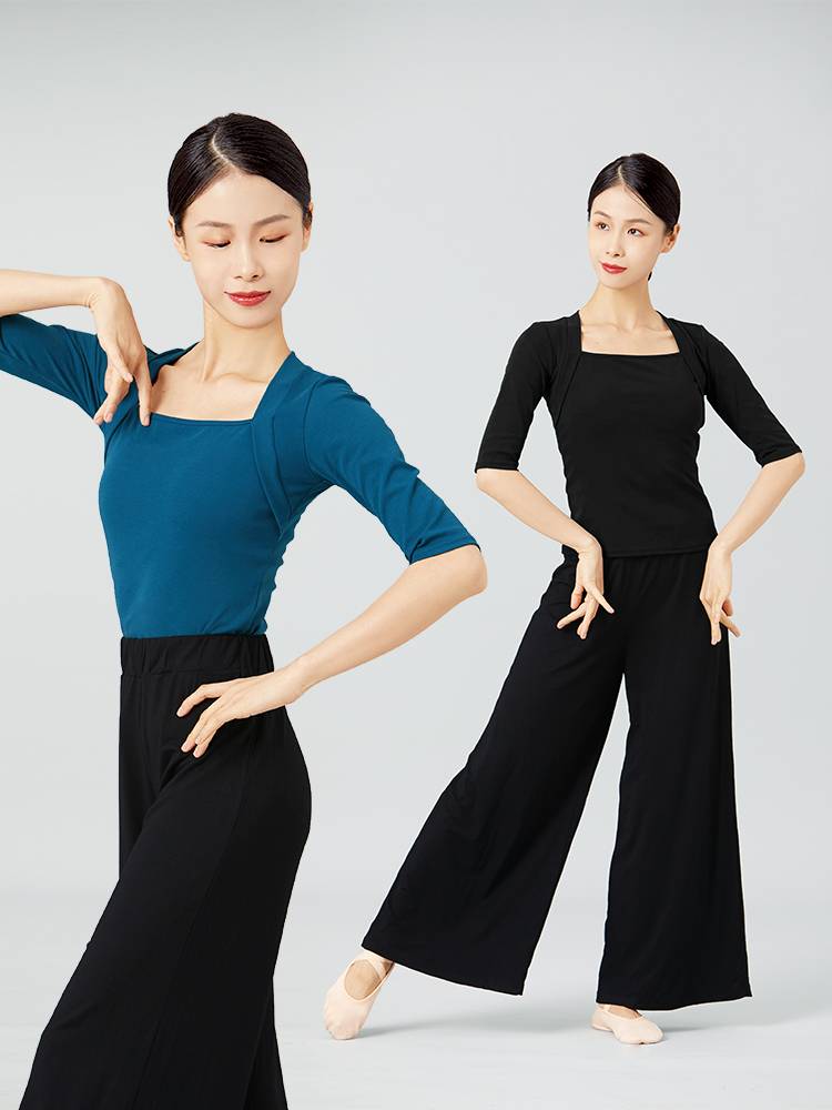 Dance service top female adult summer short -sleeved ballet -shaped physical fitting classical dance black suit gymnastics uniforms
