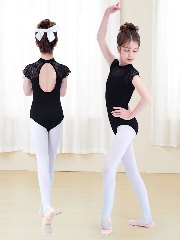 Children's dance clothing black stand -up collar lace stitching continuous sports service girls summer short -sleeved ballet Chinese dance exercises