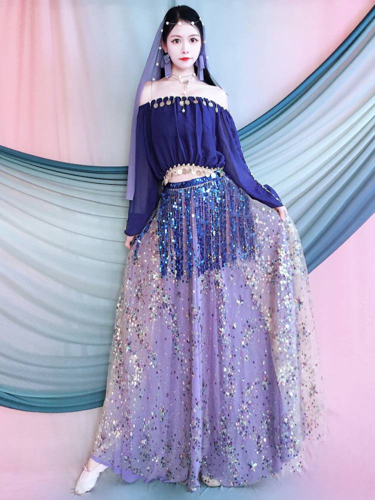 2024 new Indian dance clothes off -the -shoulder collar collar jacket adult belly dance Xinjiang dance performance dress big skirt