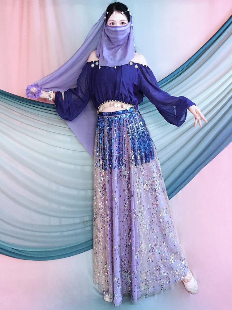 2024 new Indian dance clothes off -the -shoulder collar collar jacket adult belly dance Xinjiang dance performance dress big skirt