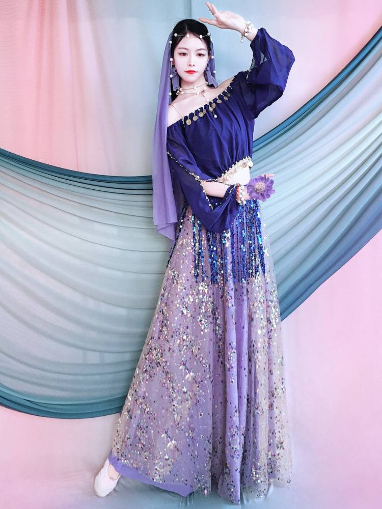 2024 new Indian dance clothes off -the -shoulder collar collar jacket adult belly dance Xinjiang dance performance dress big skirt