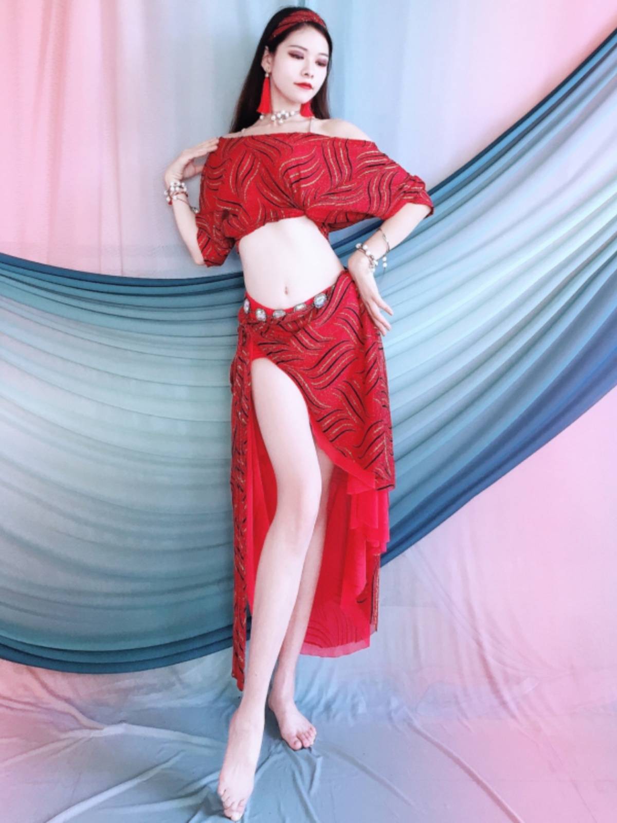 Belly dance service 2024 practice service summer white wave pattern buttocks set per performance