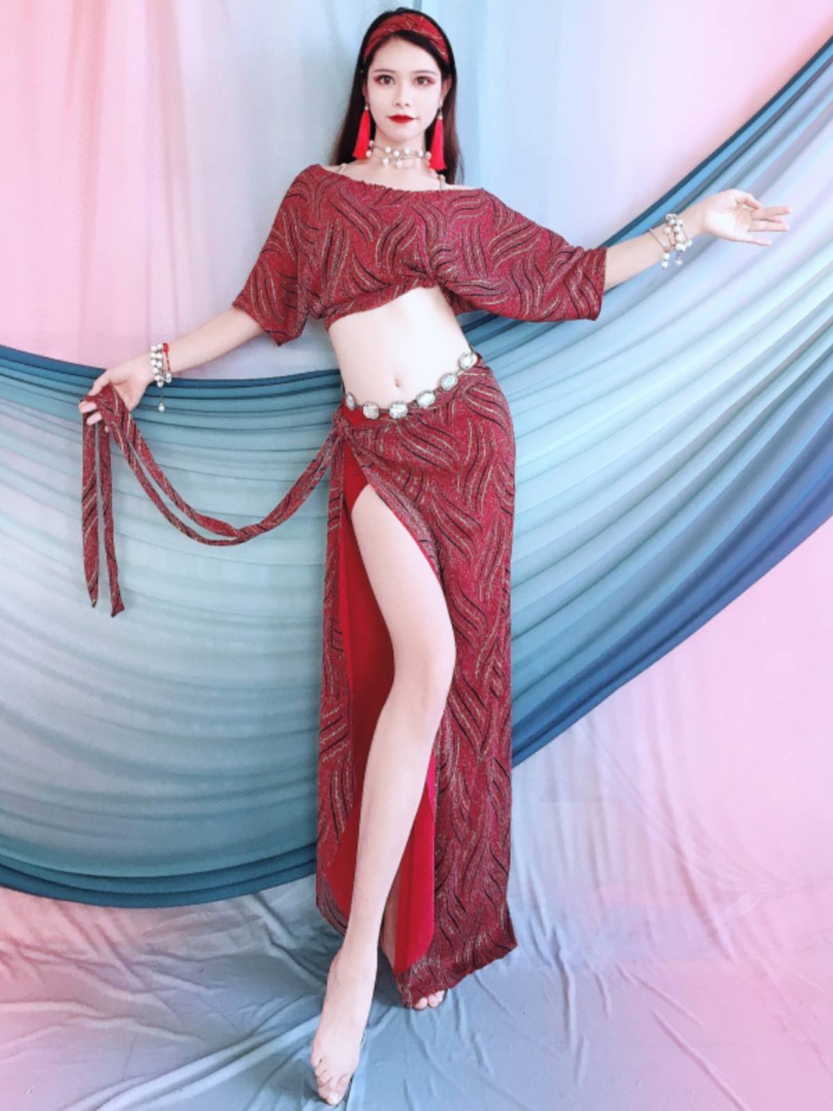 Belly dance service 2024 practice service summer white wave pattern buttocks set per performance