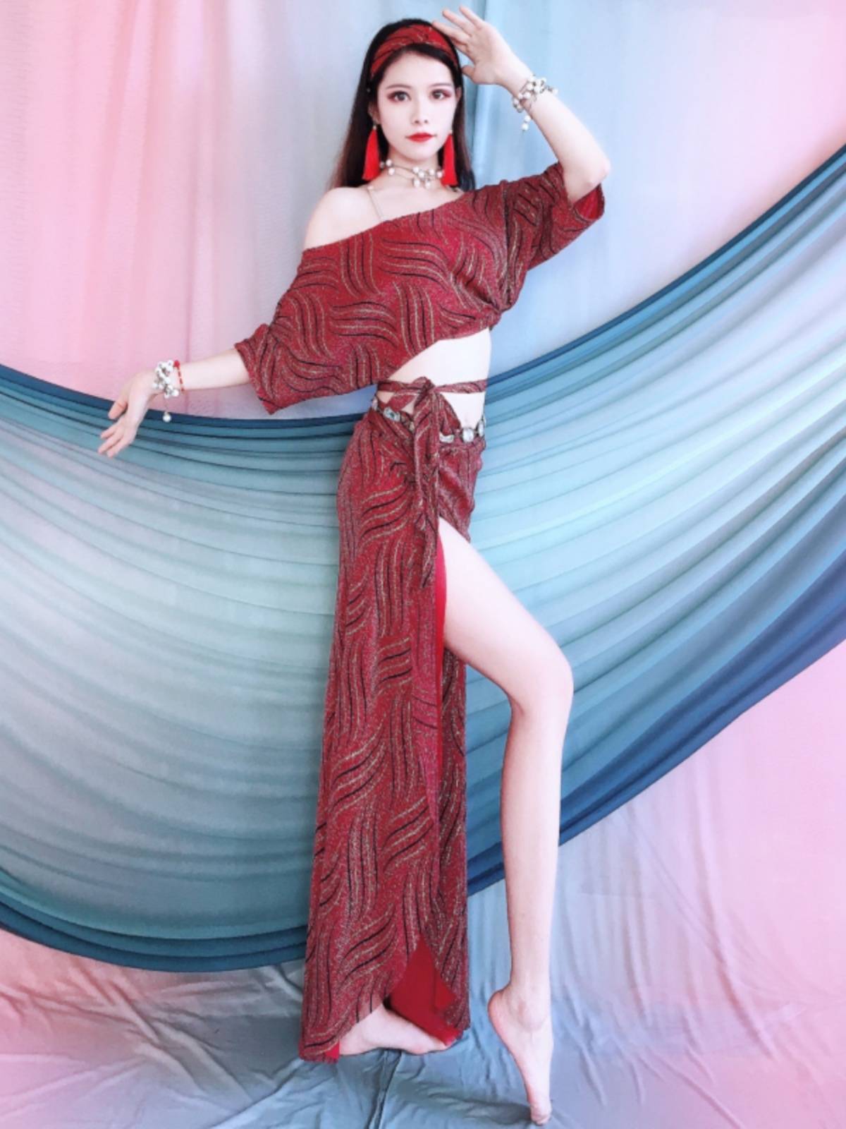 Belly dance service 2024 practice service summer white wave pattern buttocks set per performance