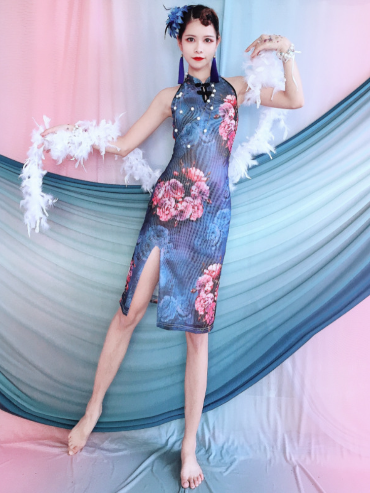Belly dance classical dance new printed water gauze cheongsam cheongsam back retro sleeveless dress temperament is thin and long legs