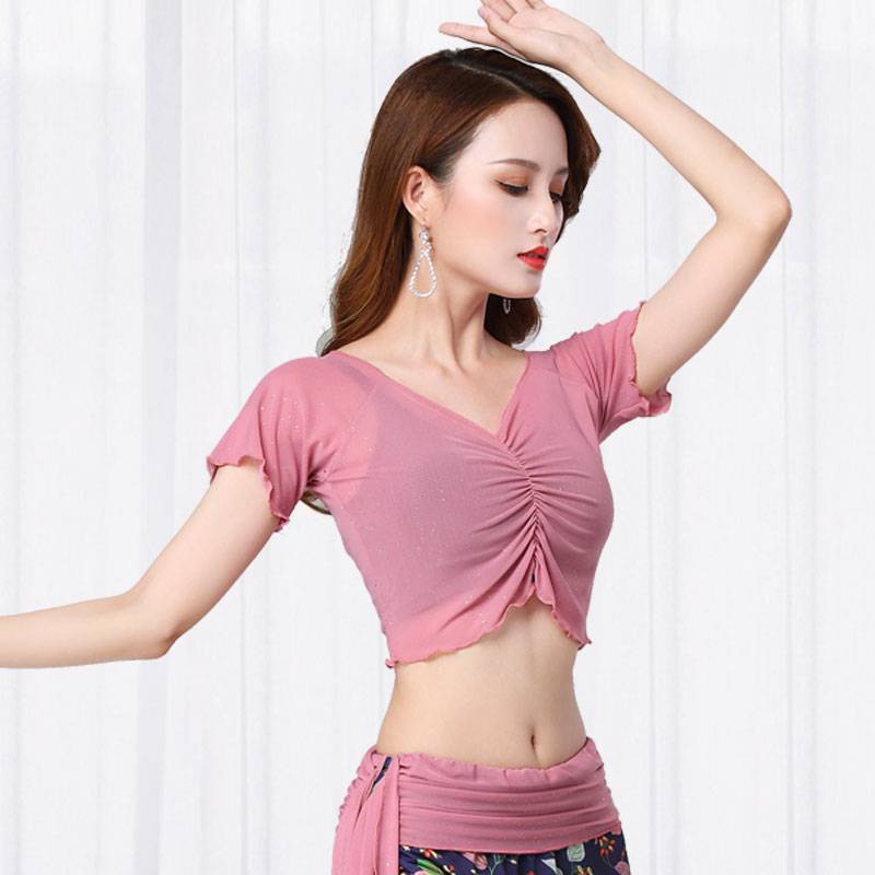 Spot belly dance clothing female practicing suit short top new summer Modal mesh via sexy oriental dance cover