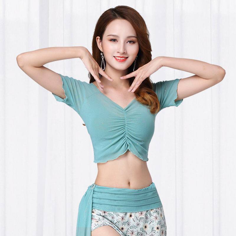 Spot belly dance clothing female practicing suit short top new summer Modal mesh via sexy oriental dance cover