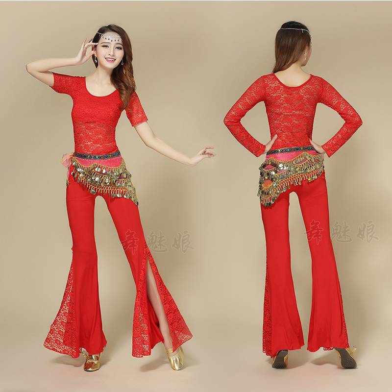 New belly dance set large size belly dance practice practice clothing autumn and winter long -sleeved short -sleeved short -sleeved lace pants