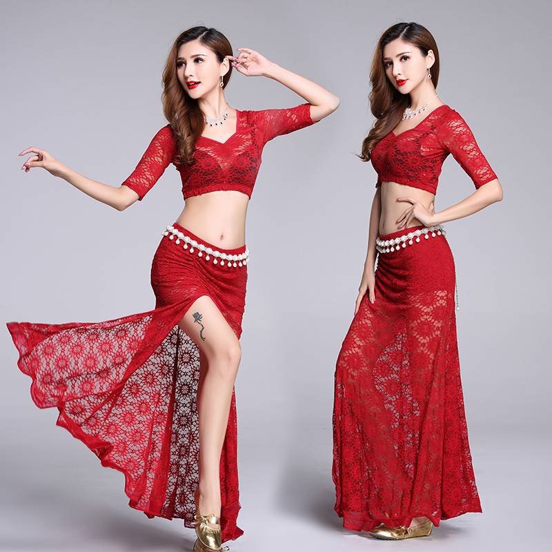 2023 New Belly Dance Dance Fun Leader Lace Long Set Women's Summer Fluton Short Skirt Performance Performance Dressing Clothing