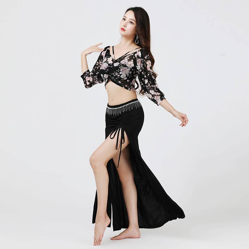 Autumn and winter belly dance practice suit set water gauze printed top new Oriental dance performance show split skirt