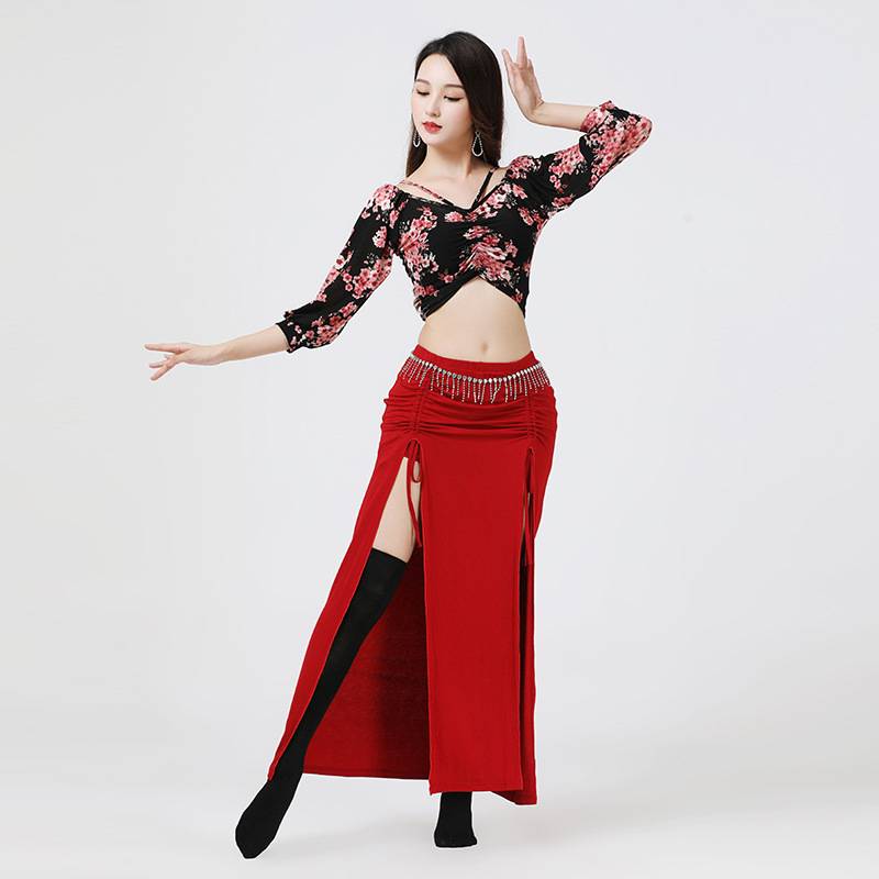 Autumn and winter belly dance practice suit set water gauze printed top new Oriental dance performance show split skirt