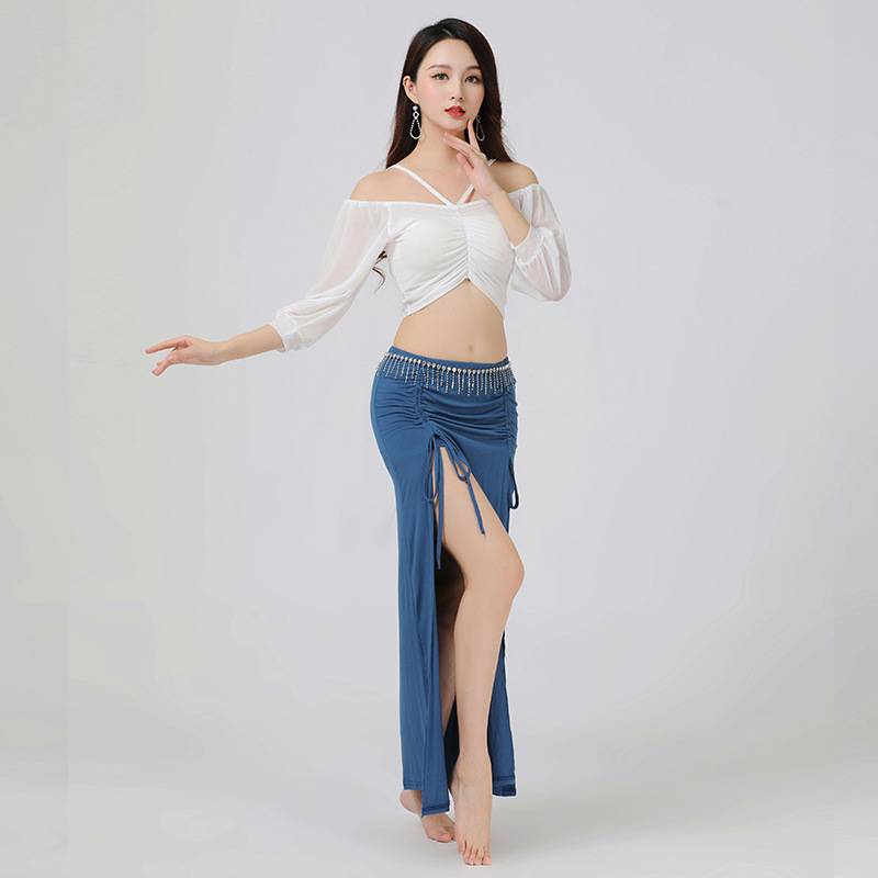 Autumn and winter belly dance practice suit set water gauze printed top new Oriental dance performance show split skirt