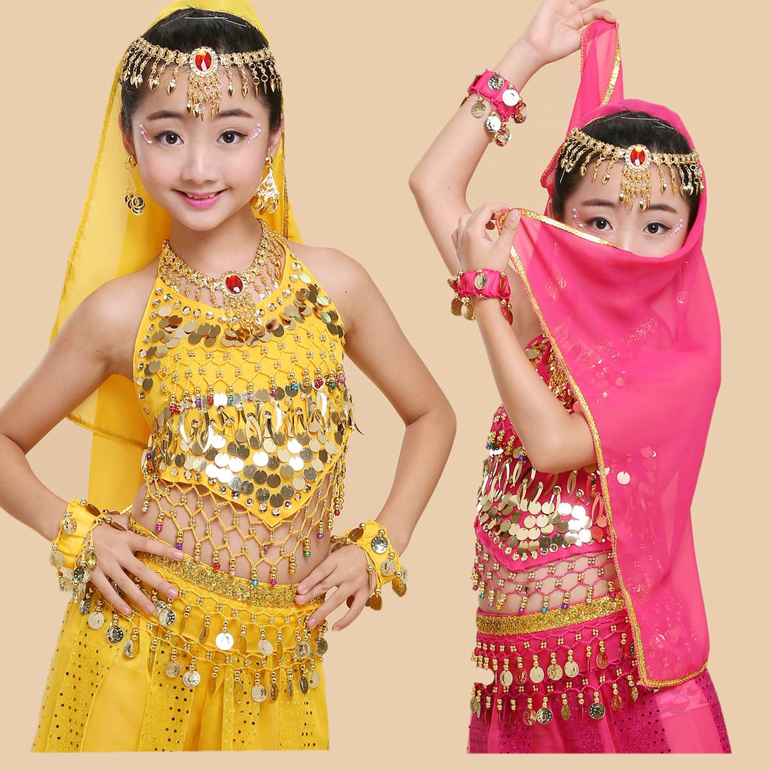 Liuyi Children's Belly Dance Head Jewelry Earrings Nail Set Chain Head Scarf Indian Dance Performance Set Accessories