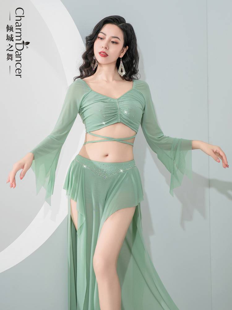 The dance of the dance belly dance clothing 2024 new exercise uniform fairy long -sleeved lotus leaf ribbon performance training class