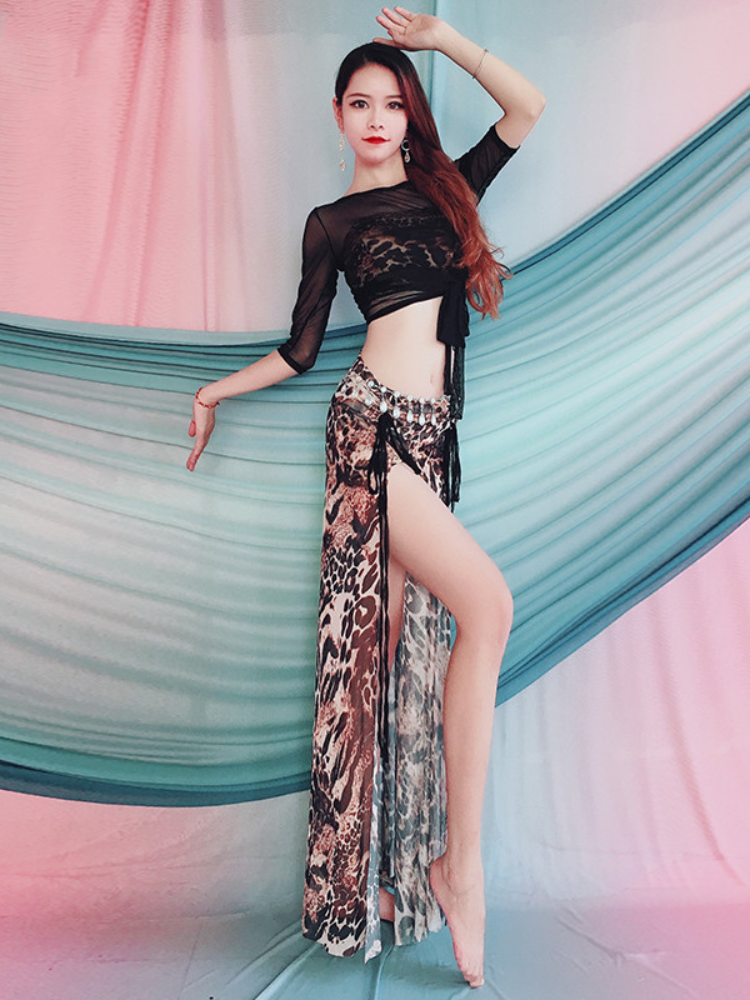 Baiya Qianhui Belly Dance 2024 New Slim Short Leopard Golden Skirt Set Performance Service Primary School Practice Service