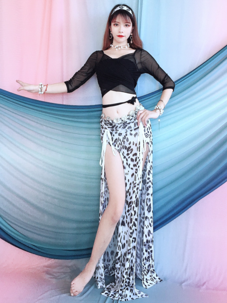 Baiya Qianhui Belly Dance 2024 New Slim Short Leopard Golden Skirt Set Performance Service Primary School Practice Service