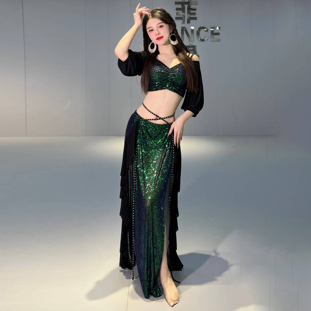 Fat Orange: Design Belly Dance Clothing 2024 New Mermaid Autumn and Winter Net Speed ​​Practice Class Clothing Set