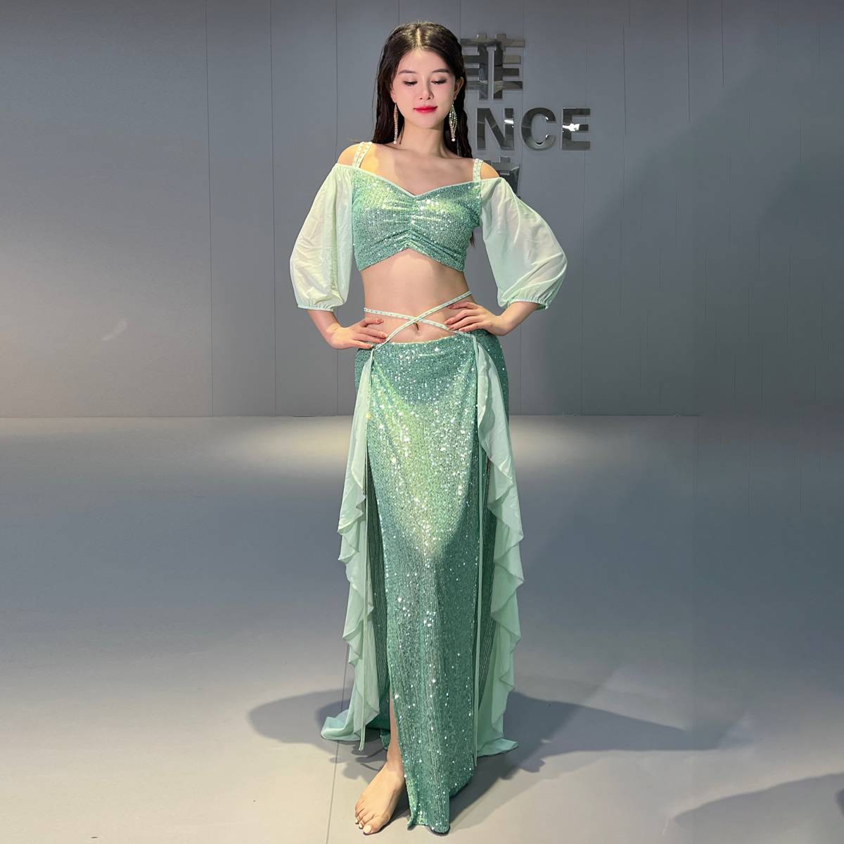 Fat Orange: Design Belly Dance Clothing 2024 New Mermaid Autumn and Winter Net Speed ​​Practice Class Clothing Set