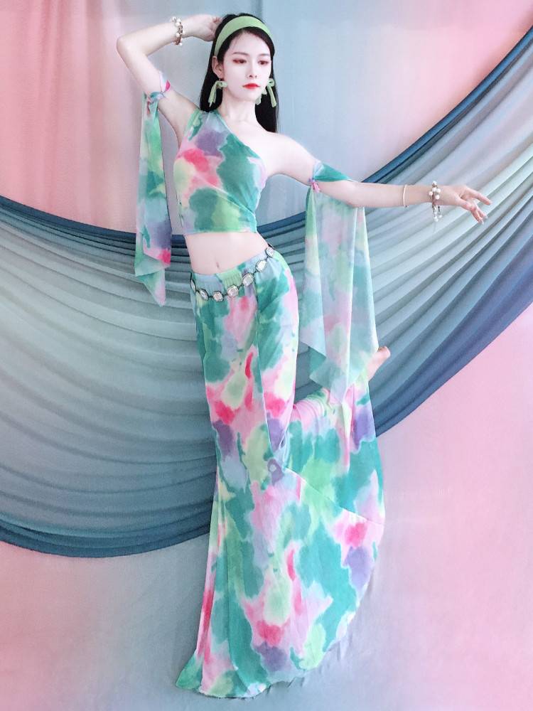 Belly Dance Clothing 2024 new summer camouflage net gauze practice service set suit Dai dance art test class children's girls