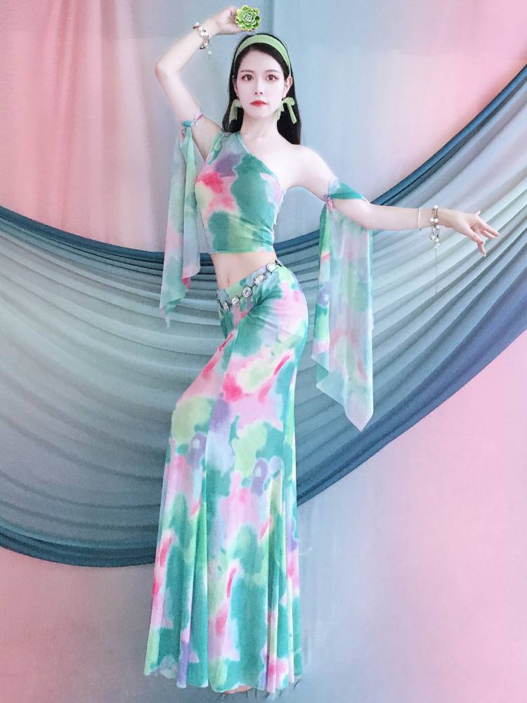 Belly Dance Clothing 2024 new summer camouflage net gauze practice service set suit Dai dance art test class children's girls