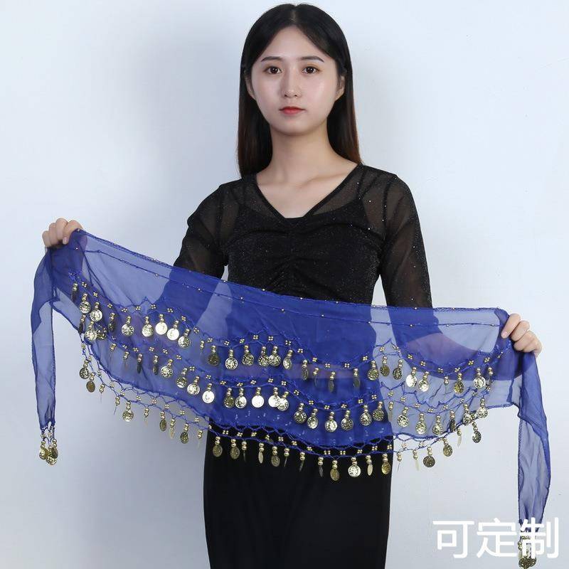Spot belly dance waist chain beginner Indian dance exercise hip -hive D towel three layers of chiffon 98 gold coin belt performance waist