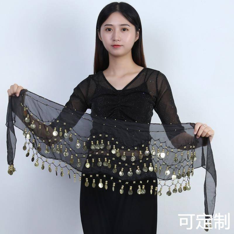 Spot belly dance waist chain beginner Indian dance exercise hip -hive D towel three layers of chiffon 98 gold coin belt performance waist