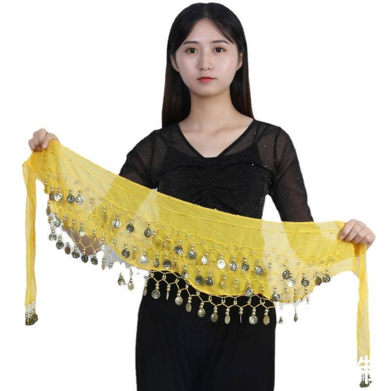 Spot belly dance waist chain beginner Indian dance exercise hip -hive D towel three layers of chiffon 98 gold coin belt performance waist