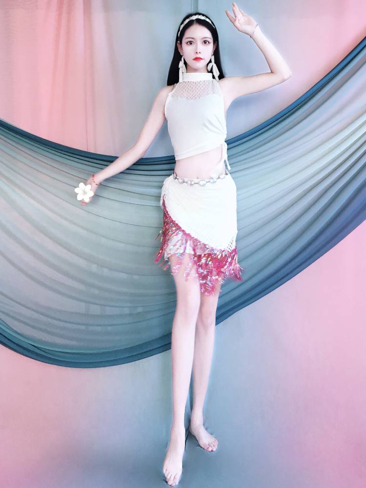 Belly dance white hollow top color beads, streamlined hip towel set, thin dance service summer performance service children