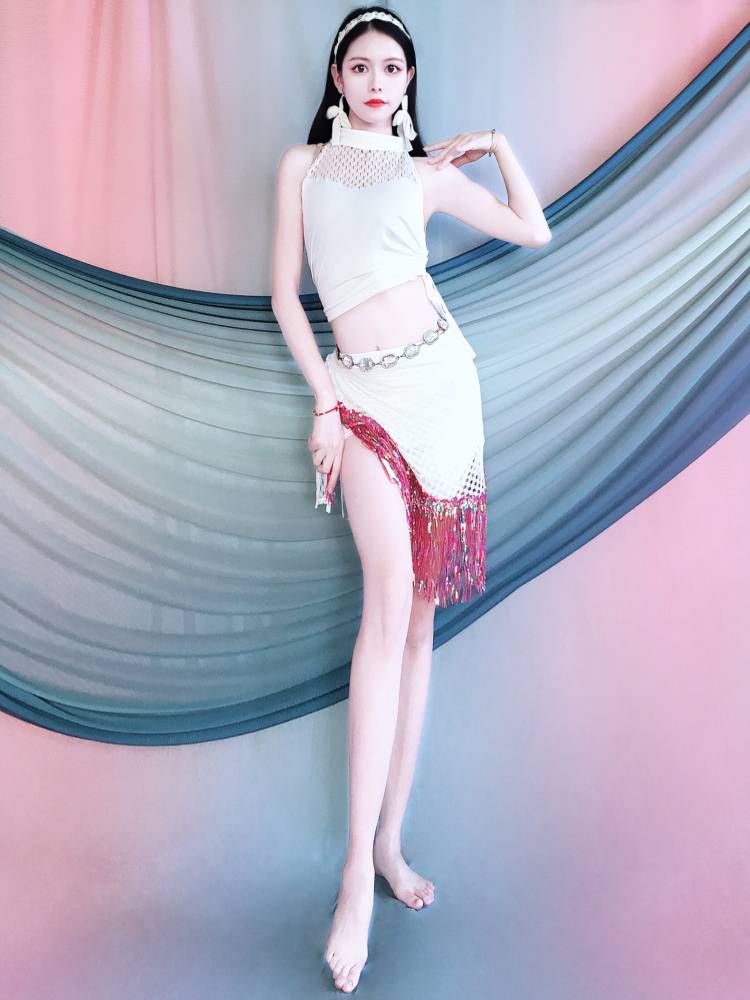 Belly dance white hollow top color beads, streamlined hip towel set, thin dance service summer performance service children
