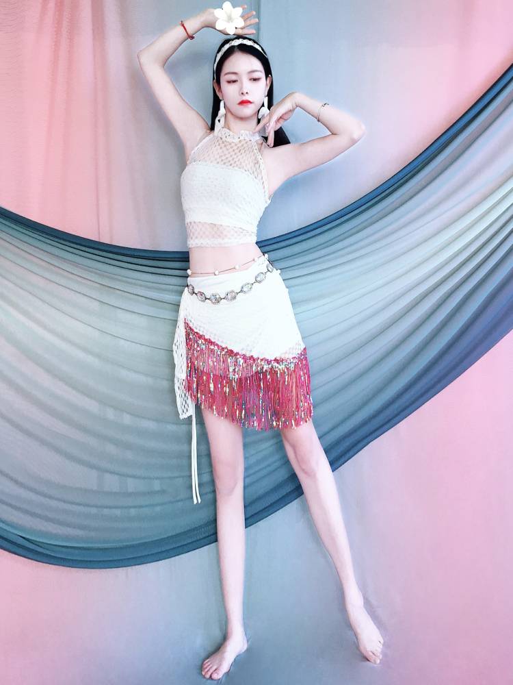Belly dance white hollow top color beads, streamlined hip towel set, thin dance service summer performance service children