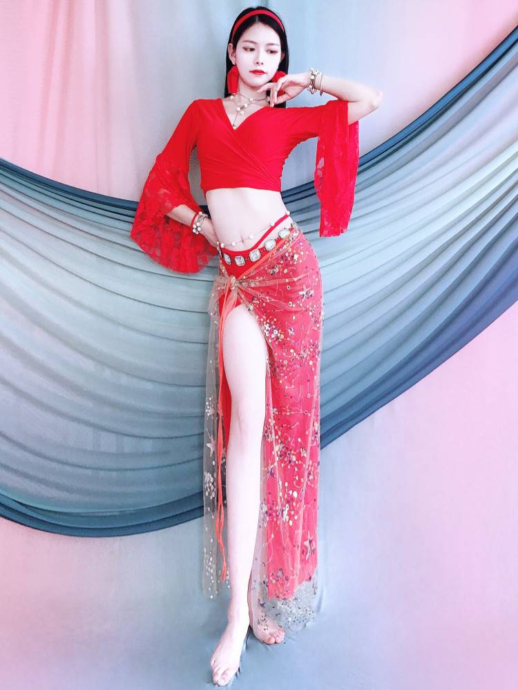 Belly Dance Services Oriental Dance 2024 Cross -Belt lace horn sleeve suit Summer children's performance service