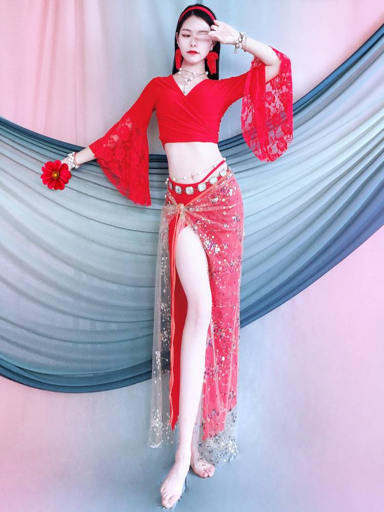Belly Dance Services Oriental Dance 2024 Cross -Belt lace horn sleeve suit Summer children's performance service