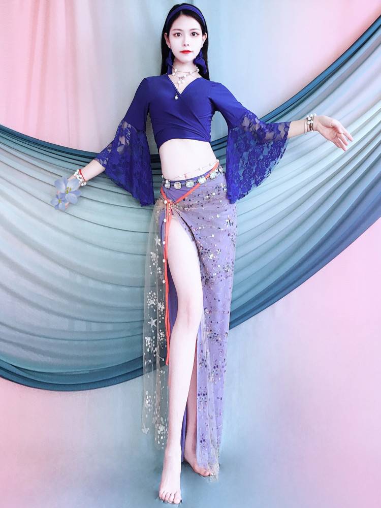 Belly Dance Services Oriental Dance 2024 Cross -Belt lace horn sleeve suit Summer children's performance service