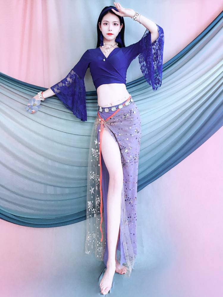 Belly Dance Services Oriental Dance 2024 Cross -Belt lace horn sleeve suit Summer children's performance service
