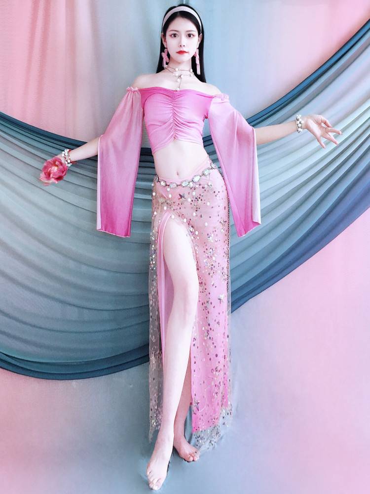 Belly Dance 2024 spring and summer new rose red powder gradient horn long -sleeved exercise uniform fairy training class children
