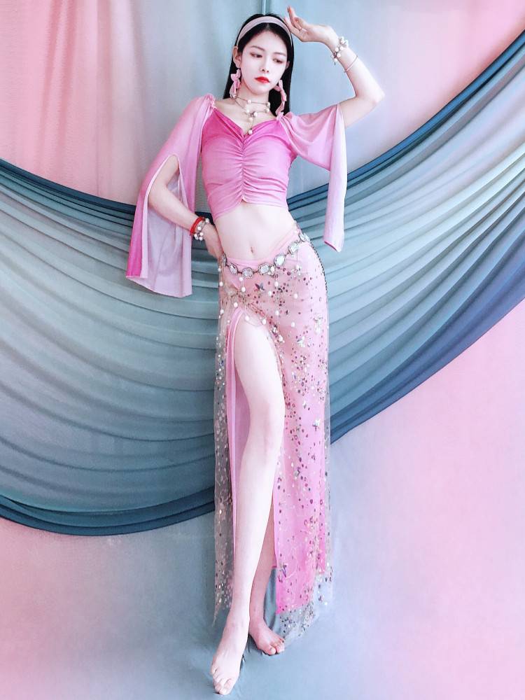 Belly Dance 2024 spring and summer new rose red powder gradient horn long -sleeved exercise uniform fairy training class children