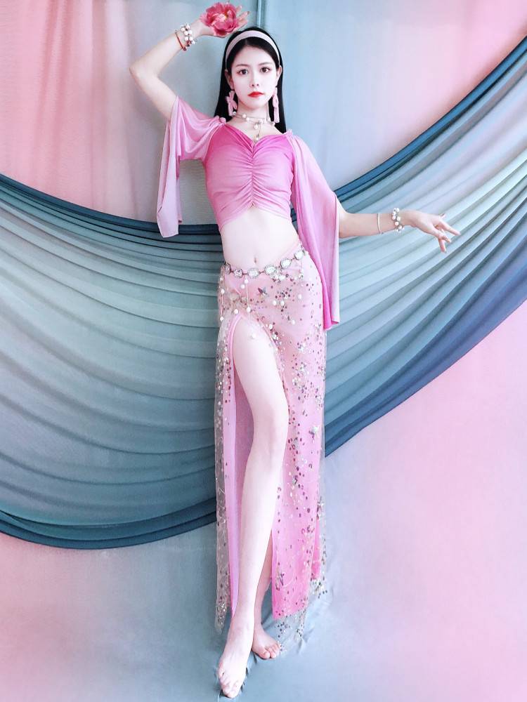 Belly Dance 2024 spring and summer new rose red powder gradient horn long -sleeved exercise uniform fairy training class children