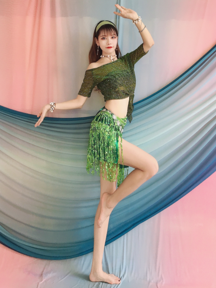 Belly Dance Performance Services 2024 Summer New off -the -shoulder shirt Multi -color Liusu hip scarf set Oriental dance exercises