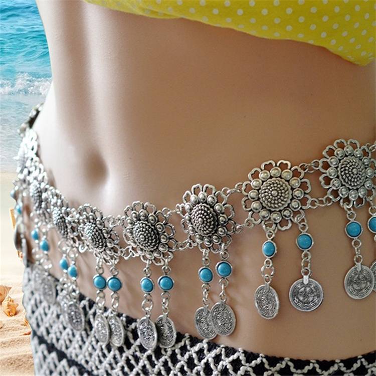 New national style performance waist ribbon diamond metal sunshine, flowing Soviet dance coin beginner belly dance waist chain