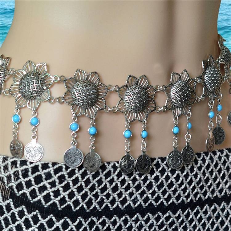 New national style performance waist ribbon diamond metal sunshine, flowing Soviet dance coin beginner belly dance waist chain