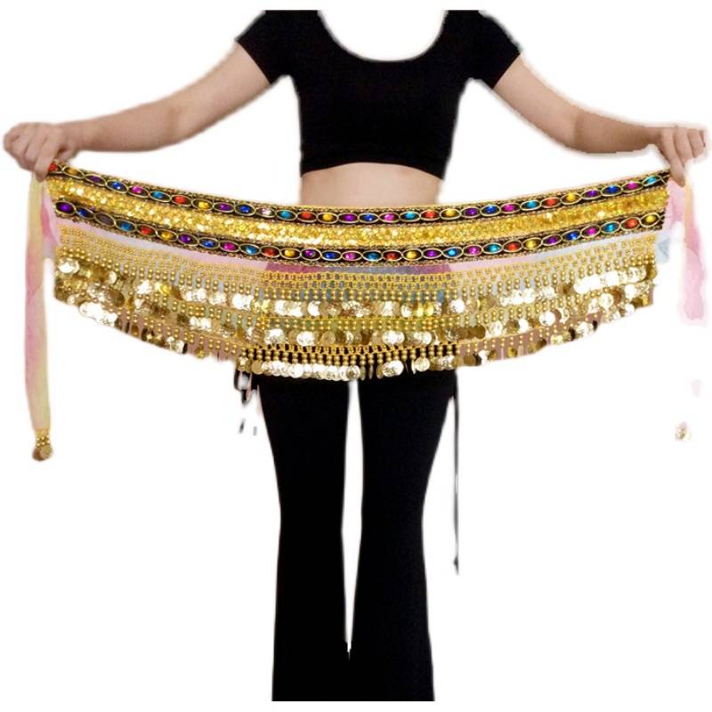 Belly dance waist chain female beginner new metal sequins hipline towel Xinjiang Indian dance bag hip waist chain waist skirt scarf